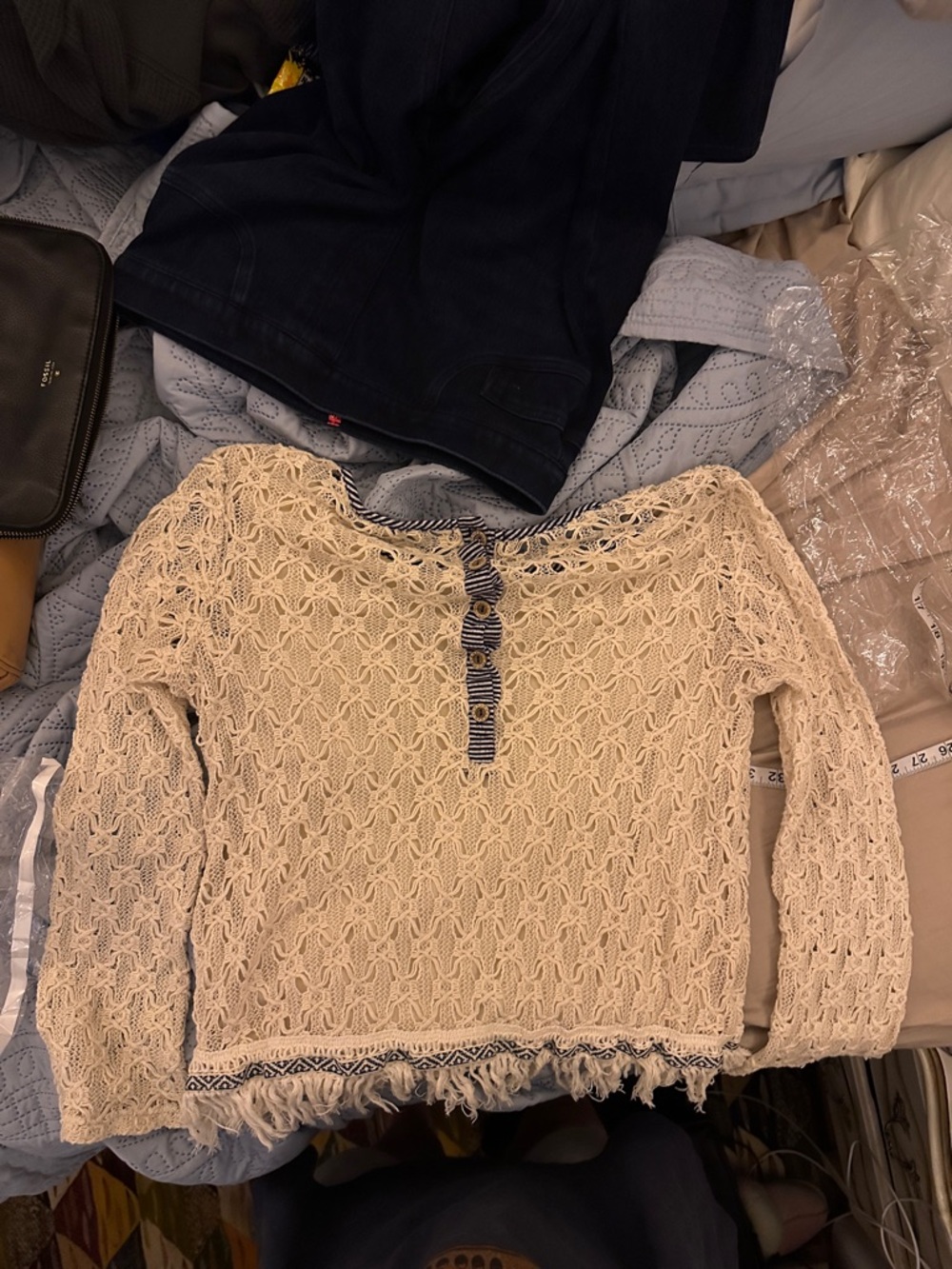 BKE Beige Lace Blouse with Dark‎ Trim - Picture 7 of 7